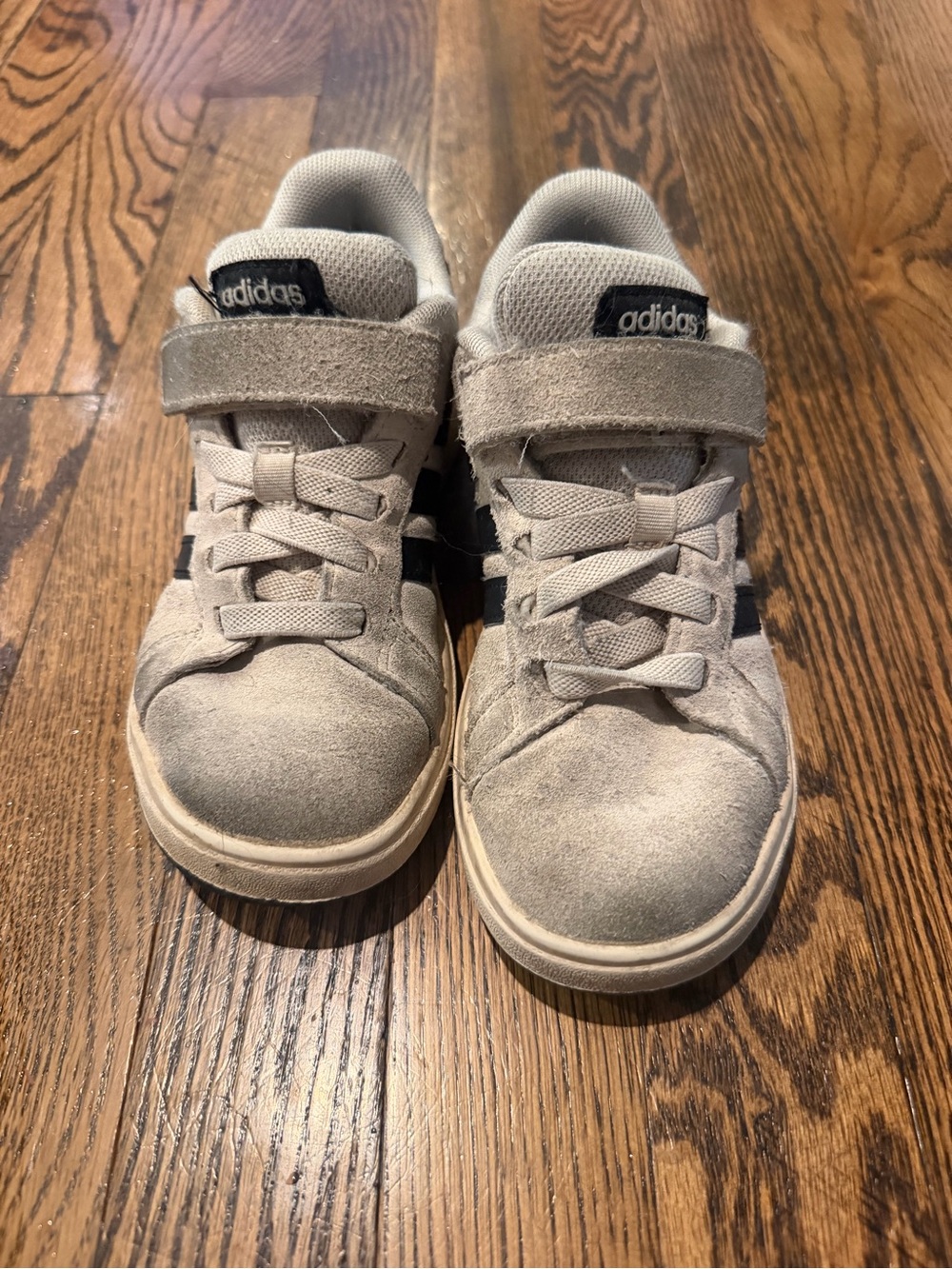adidas Kids Taupe Suede Sneakers with Hook-and-Loop Strap grand court style